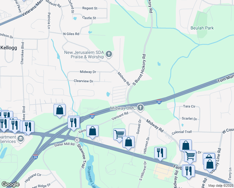 map of restaurants, bars, coffee shops, grocery stores, and more near 4085 Midway Road in Douglasville