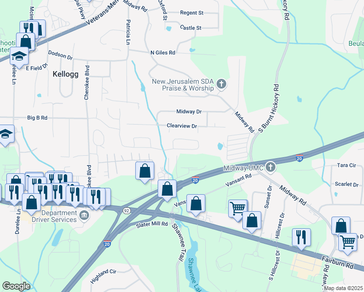 map of restaurants, bars, coffee shops, grocery stores, and more near 5478 Somer Mill Road in Douglasville