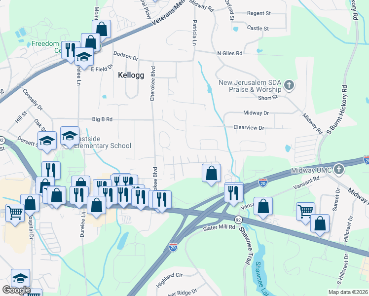 map of restaurants, bars, coffee shops, grocery stores, and more near 5435 Somer Mill Road in Douglasville