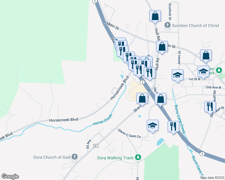 map of restaurants, bars, coffee shops, grocery stores, and more near 30 Villa Circle in Dora