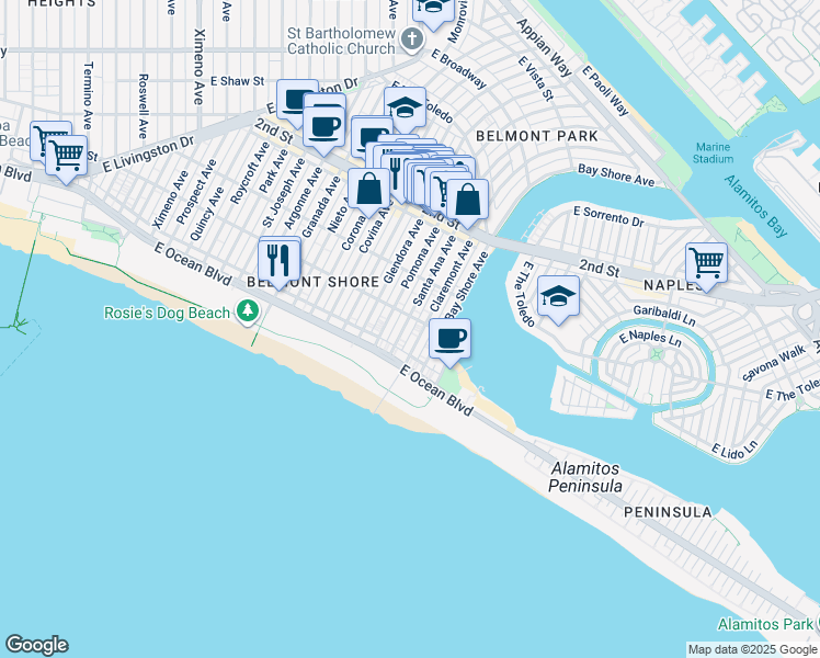 map of restaurants, bars, coffee shops, grocery stores, and more near 2 Santa Ana Avenue in Long Beach