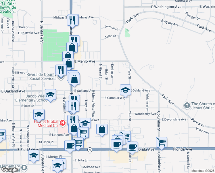 map of restaurants, bars, coffee shops, grocery stores, and more near 1731 Brady Lane in Hemet
