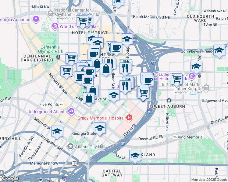 map of restaurants, bars, coffee shops, grocery stores, and more near 101 Auburn Avenue Northeast in Atlanta
