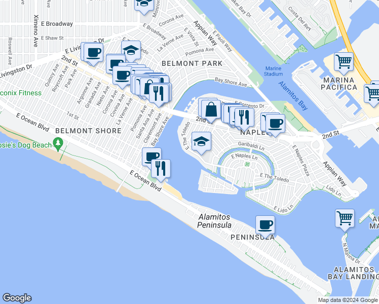 map of restaurants, bars, coffee shops, grocery stores, and more near 5490 East The Toledo in Long Beach