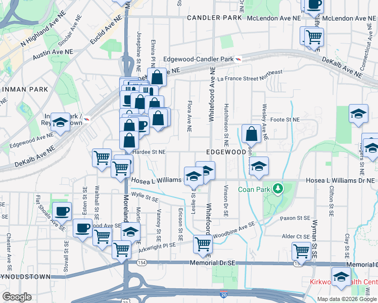 map of restaurants, bars, coffee shops, grocery stores, and more near Hardee Street Northeast & Flora Avenue Northeast in Atlanta