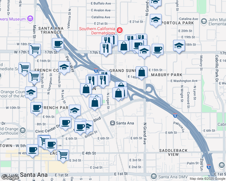 map of restaurants, bars, coffee shops, grocery stores, and more near 1014 East Washington Avenue in Santa Ana