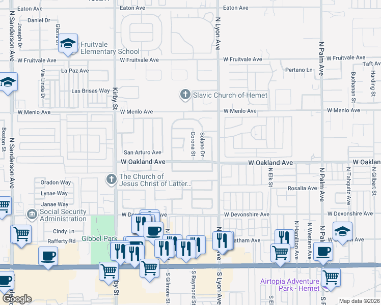 map of restaurants, bars, coffee shops, grocery stores, and more near 597 Corona Street in Hemet