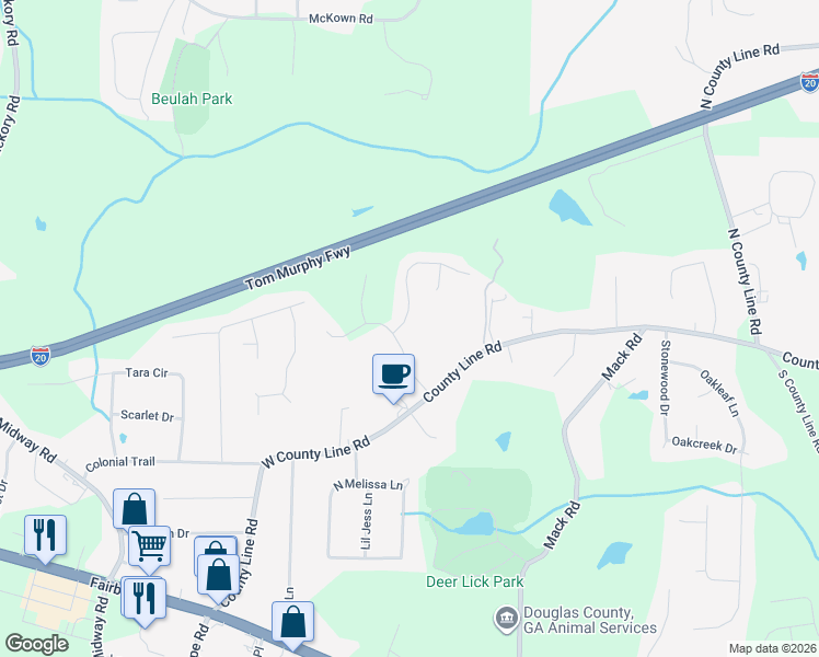 map of restaurants, bars, coffee shops, grocery stores, and more near 1860 Mount Berry Drive in Douglasville