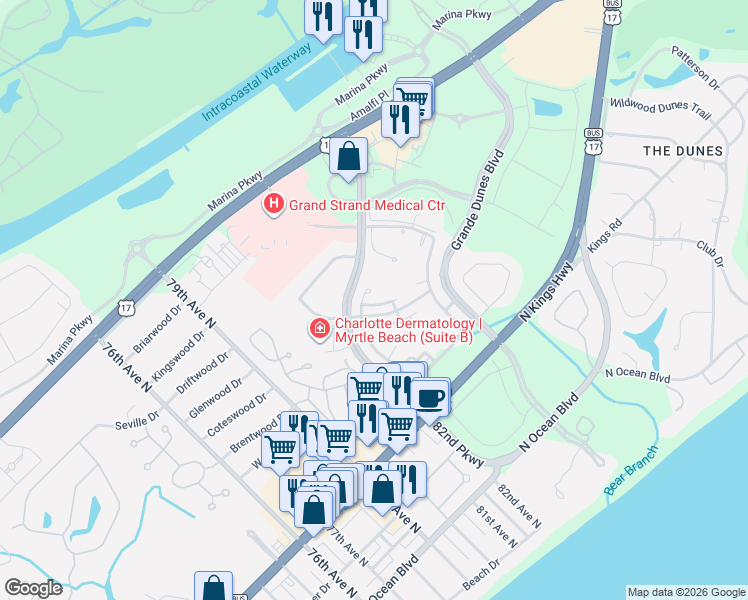 map of restaurants, bars, coffee shops, grocery stores, and more near 8170 Rourk Street in Myrtle Beach