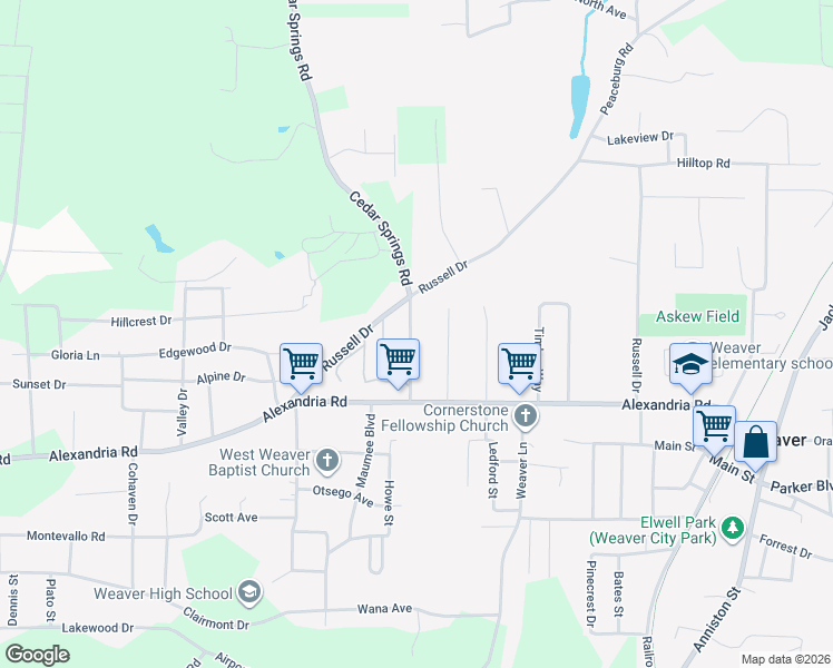 map of restaurants, bars, coffee shops, grocery stores, and more near 730 Cedar Springs Road in Weaver