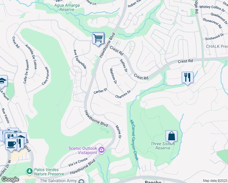 map of restaurants, bars, coffee shops, grocery stores, and more near 6461 Chartres Drive in Rancho Palos Verdes