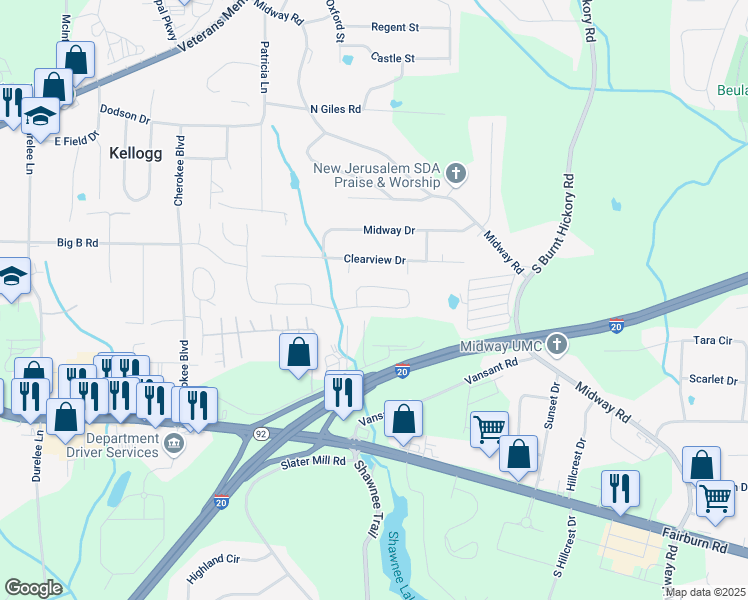 map of restaurants, bars, coffee shops, grocery stores, and more near 5478 Somer Mill Road in Douglasville