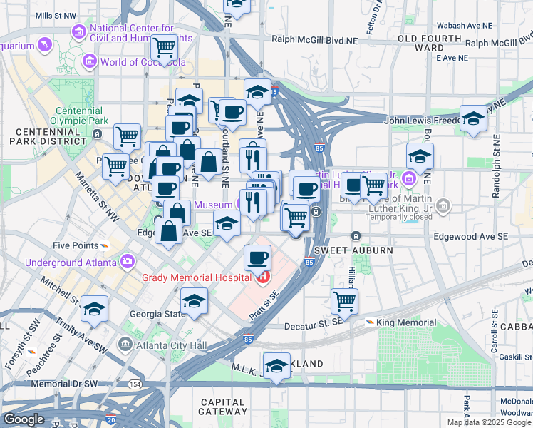 map of restaurants, bars, coffee shops, grocery stores, and more near 171 Auburn Avenue Northeast in Atlanta
