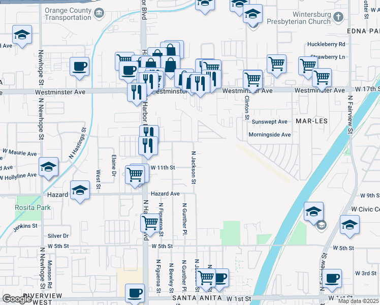 map of restaurants, bars, coffee shops, grocery stores, and more near 3516 West Washington Avenue in Santa Ana