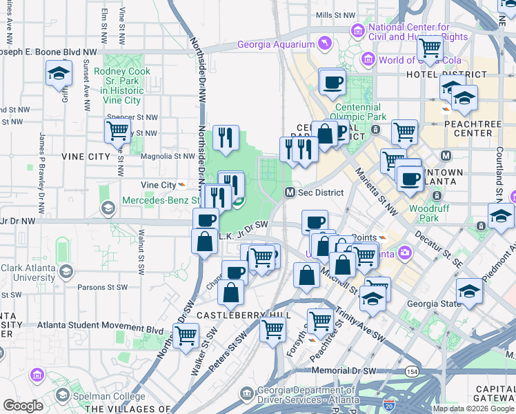 map of restaurants, bars, coffee shops, grocery stores, and more near 1414 Andrew Young International Boulevard Northwest in Atlanta