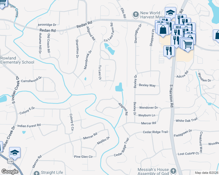 map of restaurants, bars, coffee shops, grocery stores, and more near 1373 To Lani Farm Road in Stone Mountain