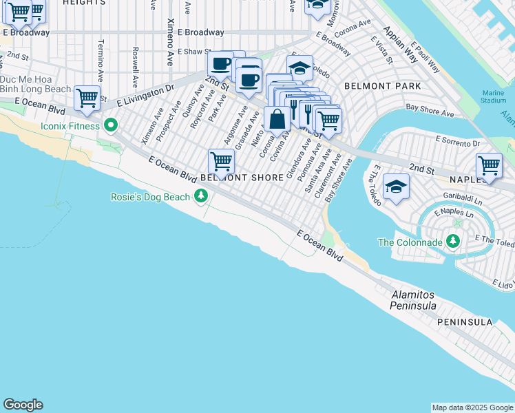 map of restaurants, bars, coffee shops, grocery stores, and more near 5267 East Ocean Boulevard in Long Beach