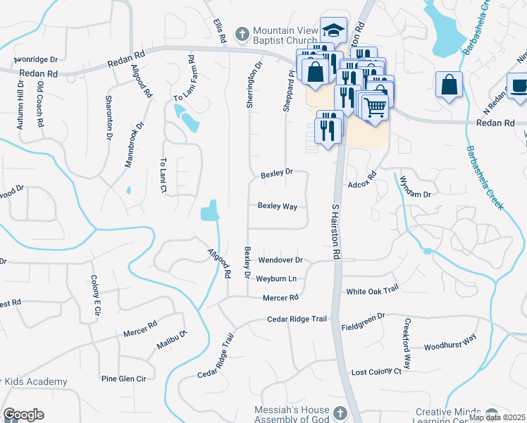 map of restaurants, bars, coffee shops, grocery stores, and more near 4593 Bexley Way in Stone Mountain