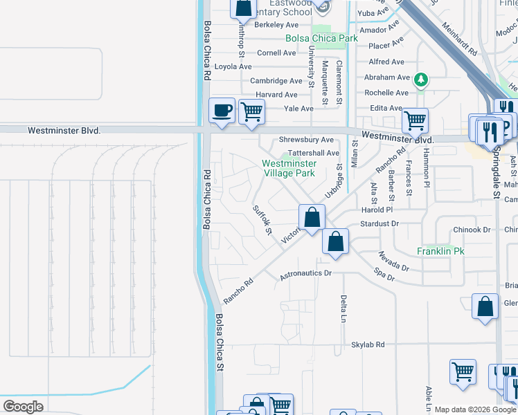 map of restaurants, bars, coffee shops, grocery stores, and more near 14296 Suffolk Street in Westminster