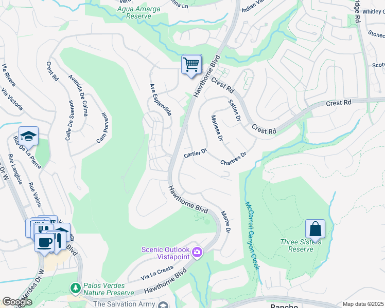 map of restaurants, bars, coffee shops, grocery stores, and more near Rhone Drive in Rancho Palos Verdes