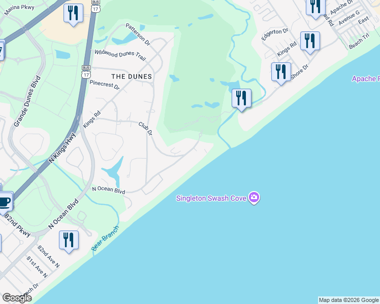 map of restaurants, bars, coffee shops, grocery stores, and more near 1141 North Ocean Boulevard in Myrtle Beach