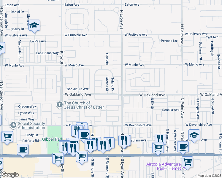 map of restaurants, bars, coffee shops, grocery stores, and more near 597 Solano Drive in Hemet