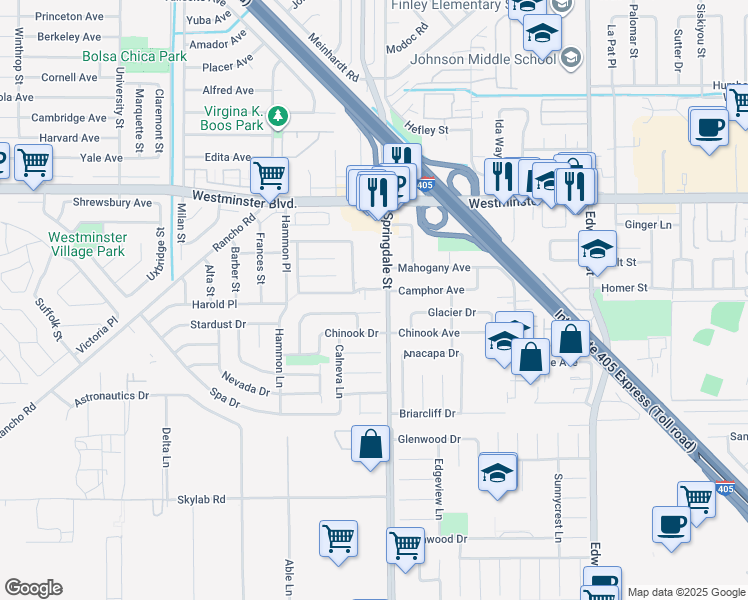 map of restaurants, bars, coffee shops, grocery stores, and more near 14231 Springdale Street in Westminster