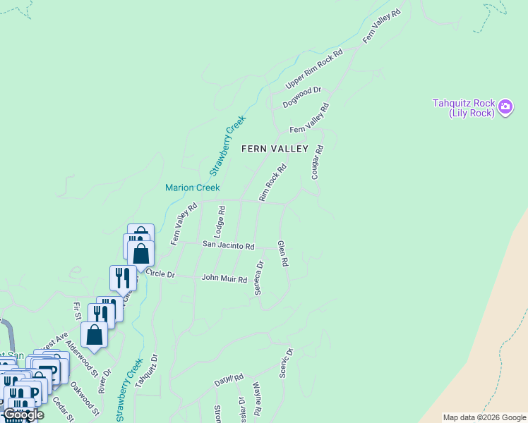 map of restaurants, bars, coffee shops, grocery stores, and more near 25220 Rim Rock Road in Idyllwild-Pine Cove