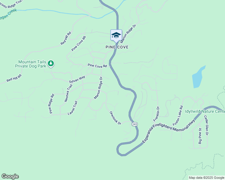 map of restaurants, bars, coffee shops, grocery stores, and more near Big Rock Drive in Idyllwild-Pine Cove