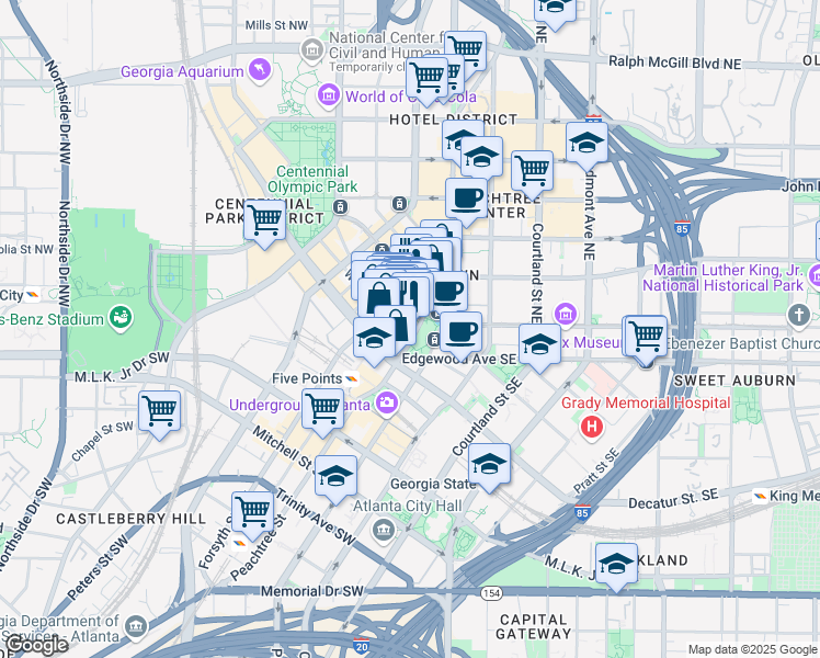 map of restaurants, bars, coffee shops, grocery stores, and more near 000 Auburn Avenue Northeast in Atlanta
