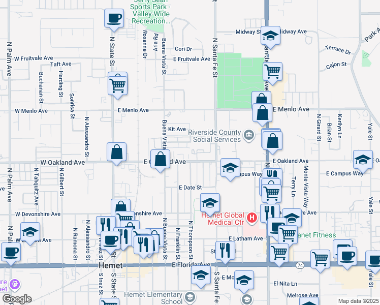 map of restaurants, bars, coffee shops, grocery stores, and more near 532 Cedar Place in Hemet