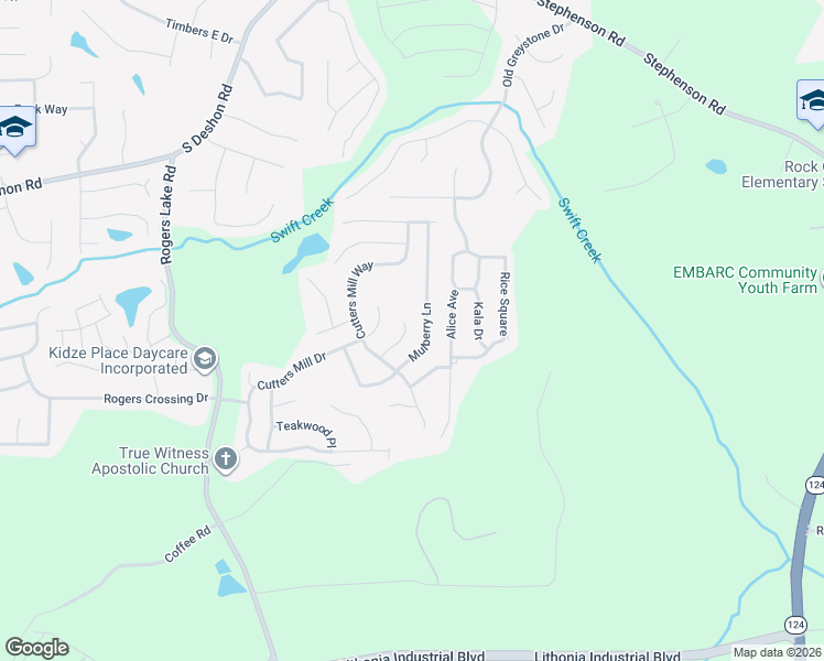 map of restaurants, bars, coffee shops, grocery stores, and more near 1331 Persimmon Court in Lithonia
