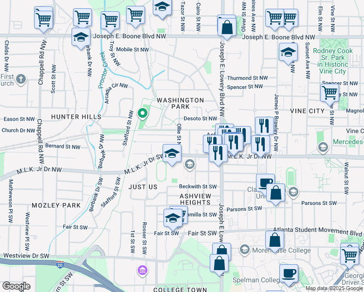 map of restaurants, bars, coffee shops, grocery stores, and more near 1027 Harwell Street Northwest in Atlanta
