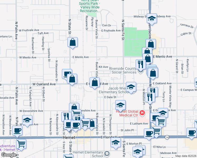 map of restaurants, bars, coffee shops, grocery stores, and more near North Buena Vista Street in Hemet