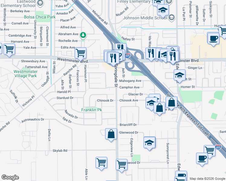 map of restaurants, bars, coffee shops, grocery stores, and more near 14231 Springdale Street in Westminster