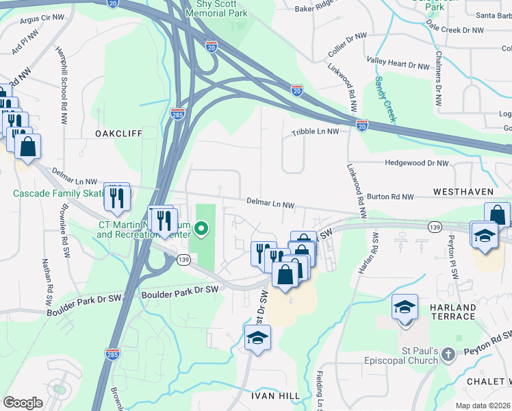 map of restaurants, bars, coffee shops, grocery stores, and more near 3107 Delmar Lane Northwest in Atlanta