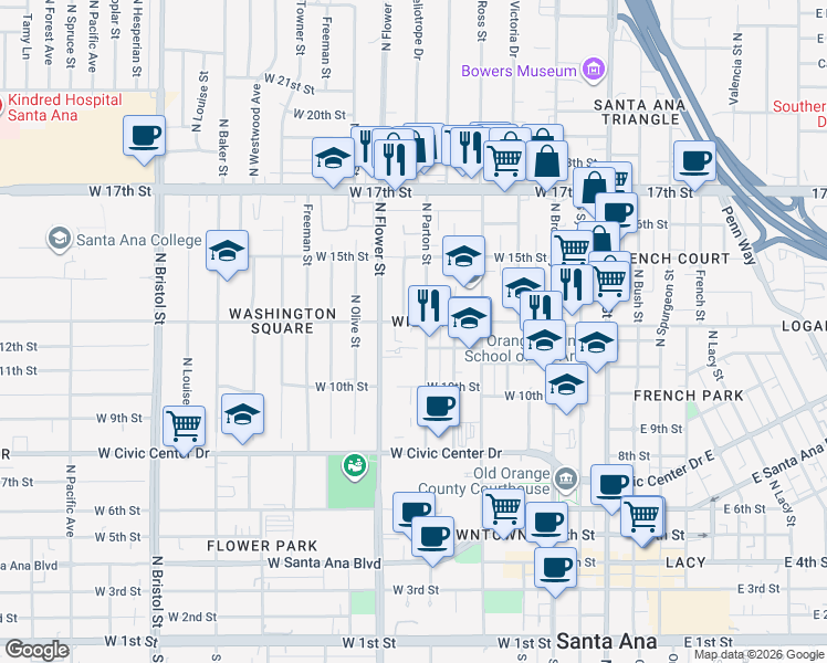 map of restaurants, bars, coffee shops, grocery stores, and more near 703 West Washington Avenue in Santa Ana