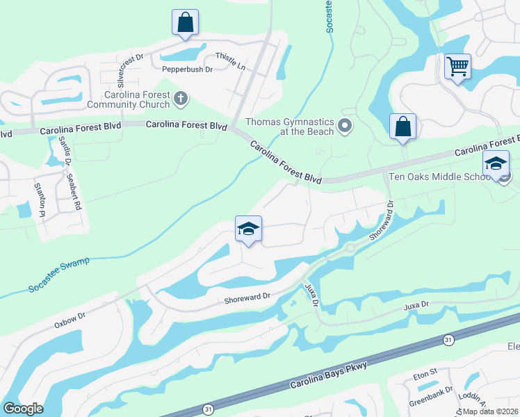 map of restaurants, bars, coffee shops, grocery stores, and more near 136 Westhaven Drive in Myrtle Beach