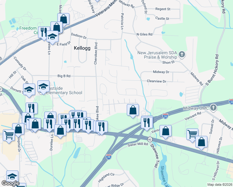 map of restaurants, bars, coffee shops, grocery stores, and more near 5435 Somer Mill Road in Douglasville