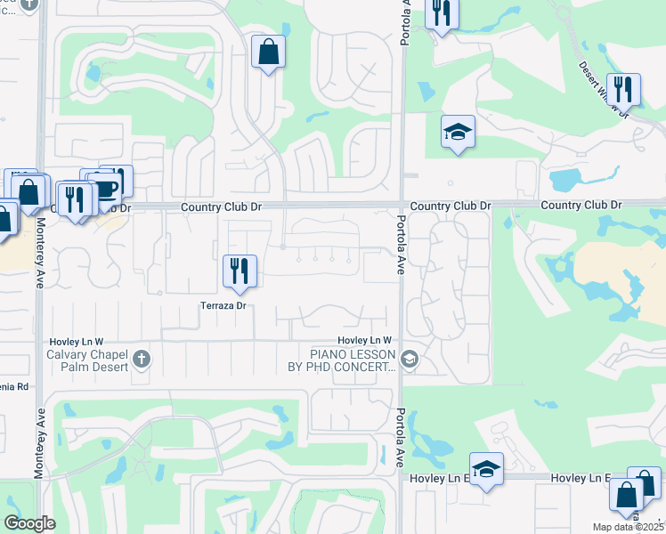 map of restaurants, bars, coffee shops, grocery stores, and more near 305 Piazza Roma in Palm Desert