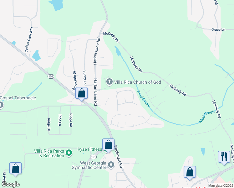 map of restaurants, bars, coffee shops, grocery stores, and more near 1150 Red Bud Circle in Villa Rica