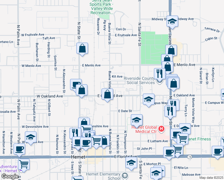 map of restaurants, bars, coffee shops, grocery stores, and more near 536 North Buena Vista Street in Hemet