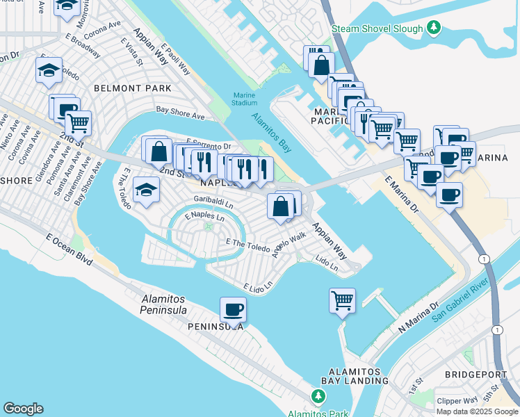 map of restaurants, bars, coffee shops, grocery stores, and more near 156 North Loreta Walk in Long Beach