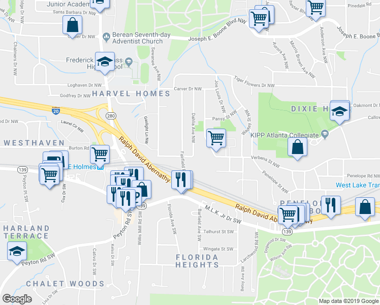 map of restaurants, bars, coffee shops, grocery stores, and more near 100 Dahlia Avenue Northwest in Atlanta