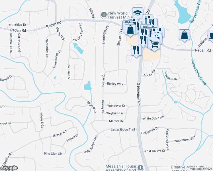 map of restaurants, bars, coffee shops, grocery stores, and more near 4585 Bexley Way in Stone Mountain