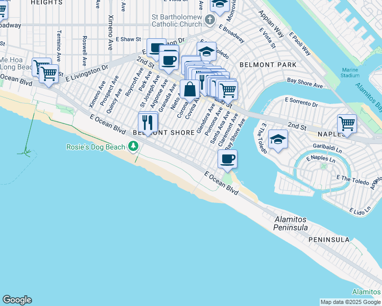 map of restaurants, bars, coffee shops, grocery stores, and more near 32 Glendora Avenue in Long Beach