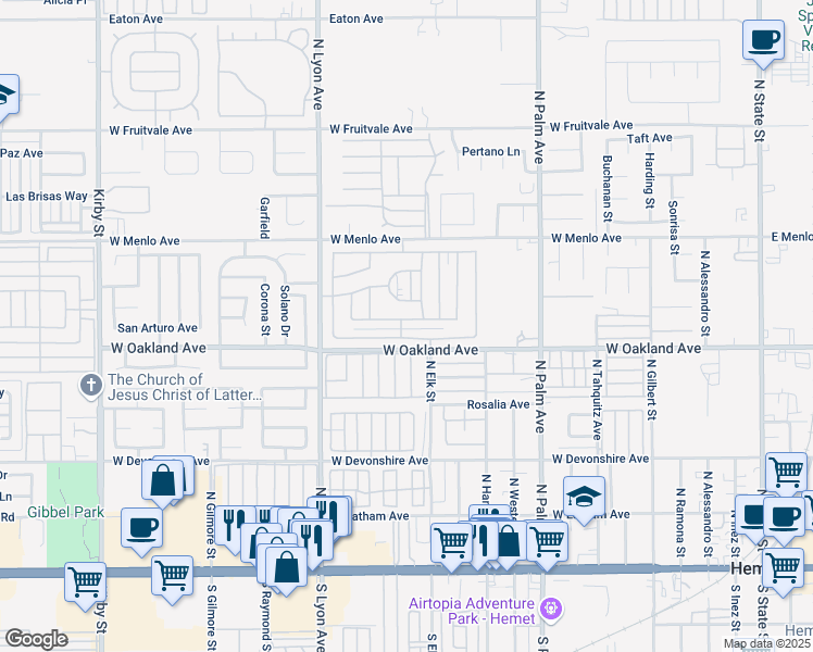 map of restaurants, bars, coffee shops, grocery stores, and more near 1490 Cordova Drive in Hemet