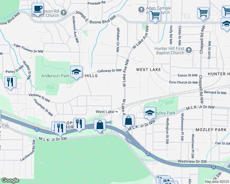 map of restaurants, bars, coffee shops, grocery stores, and more near 25 Anderson Avenue Northwest in Atlanta