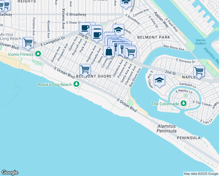 map of restaurants, bars, coffee shops, grocery stores, and more near 32 Glendora Avenue in Long Beach
