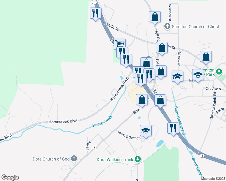map of restaurants, bars, coffee shops, grocery stores, and more near 30 Villa Circle in Dora